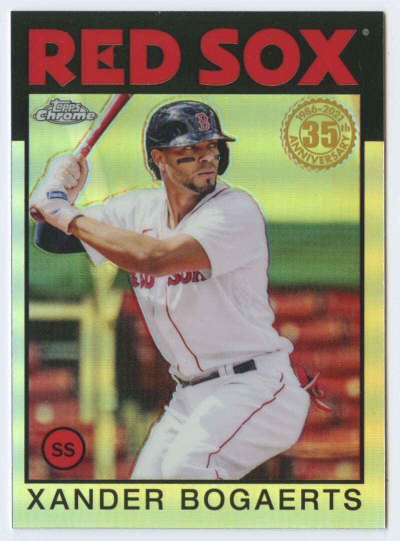 Baseball card of Xander Bogaerts batting for the Boston Red Sox in a white uniform