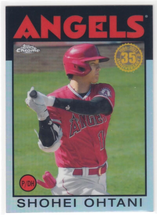 Shohei Ohtani 2021 Topps Chrome Baseball Refractor card in red Angels uniform at bat