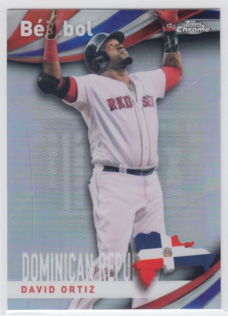 David Ortiz in a white uniform celebrating on 2021 Topps Chrome Beisbol card