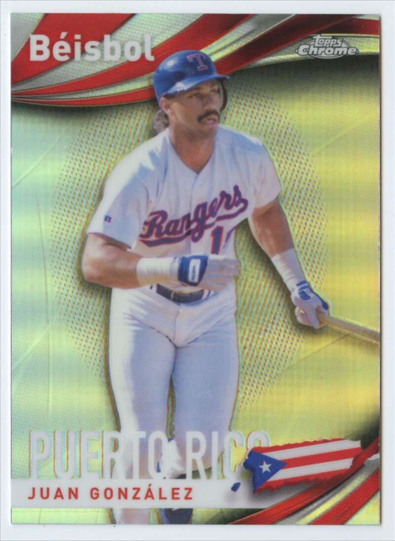 Baseball card of Juan Gonzalez in white Texas Rangers uniform with blue accents