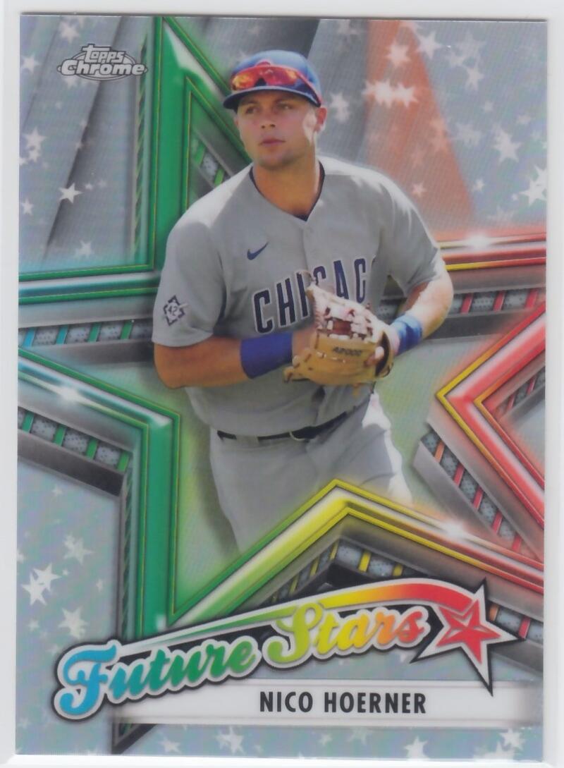 Baseball card of Nico Hoerner in gray road uniform from Topps Chrome Future Stars