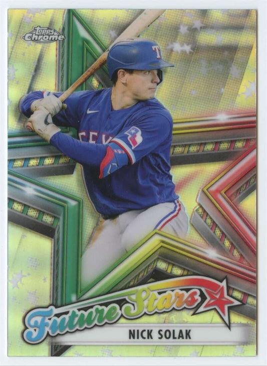 Baseball card of Nick Solak in blue uniform at bat for Texas Rangers