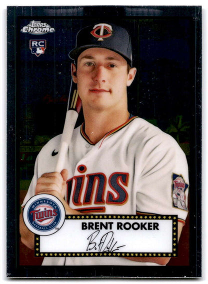 Brent Rooker Minnesota Twins baseball card in home white uniform, Topps Chrome Platinum design