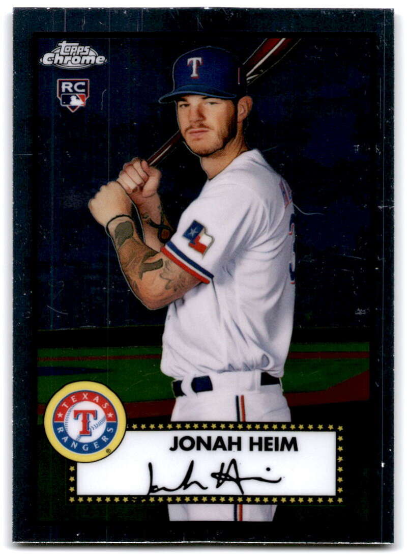 Baseball card of Jonah Heim in Texas Rangers uniform from Topps Chrome Platinum