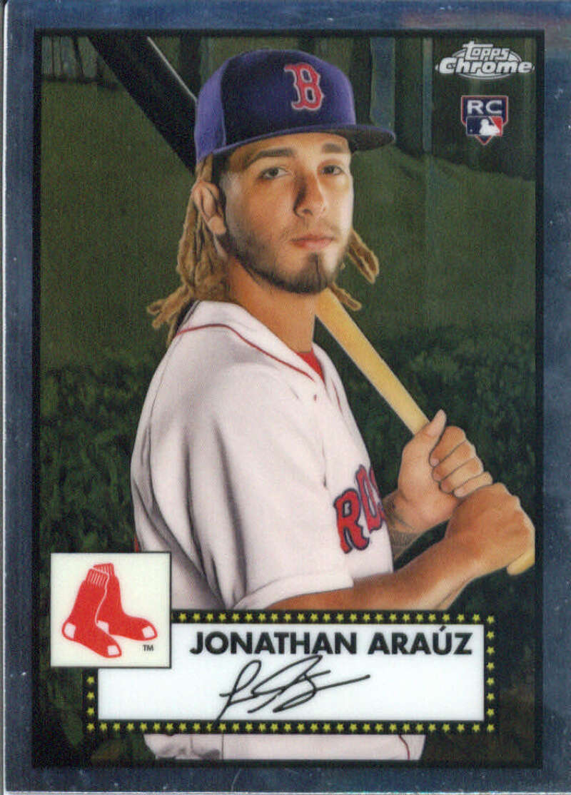 Jonathan Arauz holding a bat on 2021 Topps Chrome Platinum Red Sox Baseball Card