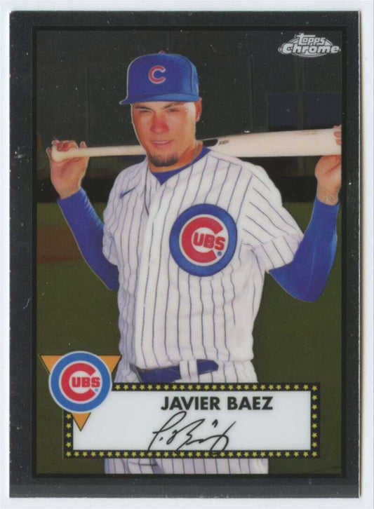 Javier Baez 2021 Topps Chrome Platinum baseball card with Chicago Cubs pinstripe uniform