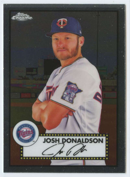 Baseball card of Josh Donaldson in Minnesota Twins white uniform from Topps Chrome Platinum