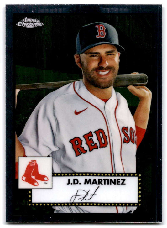 Boston Red Sox player J.D. Martinez holding a bat in 2021 Topps Chrome card