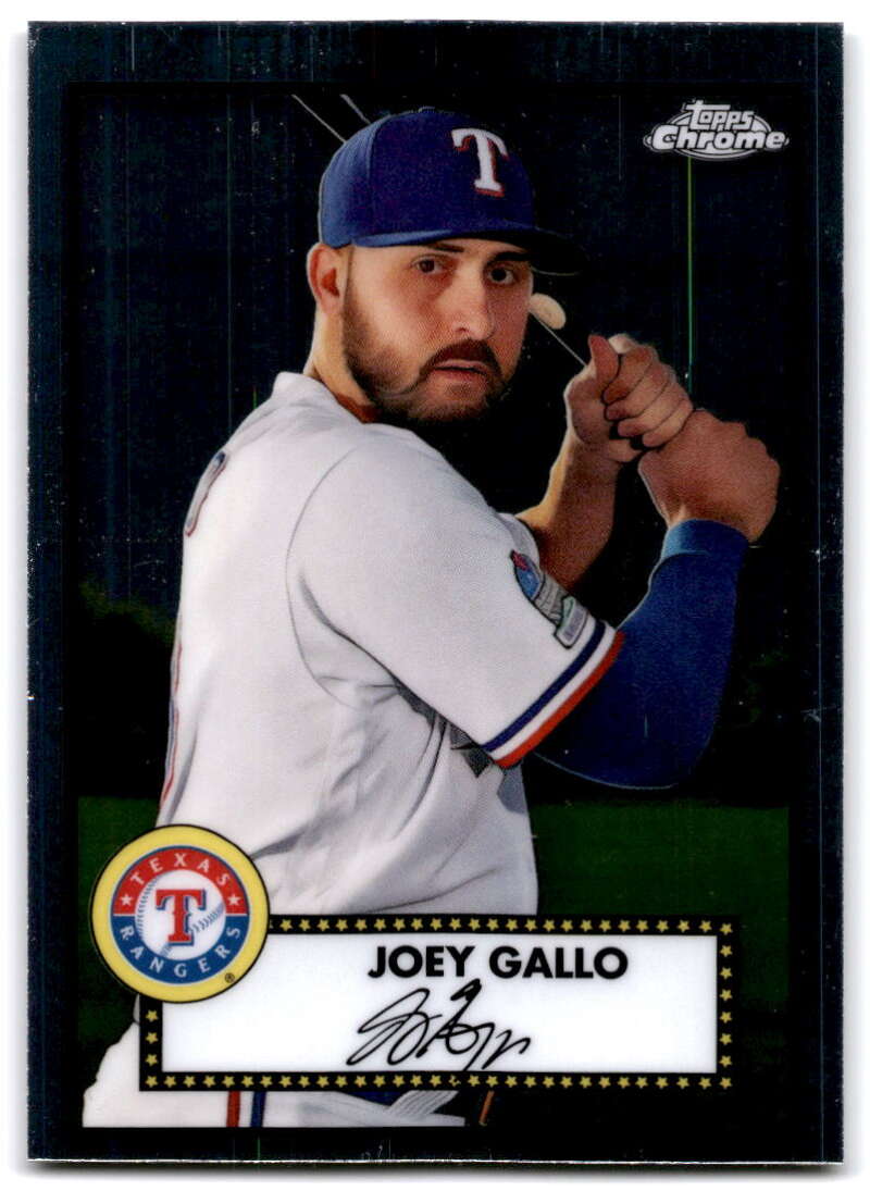 Joey Gallo batting on a 2021 Topps Chrome Platinum Texas Rangers baseball card