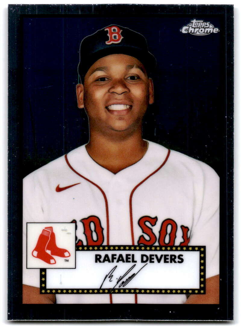 Rafael Devers in a Boston Red Sox jersey and cap on the 2021 Topps Chrome card