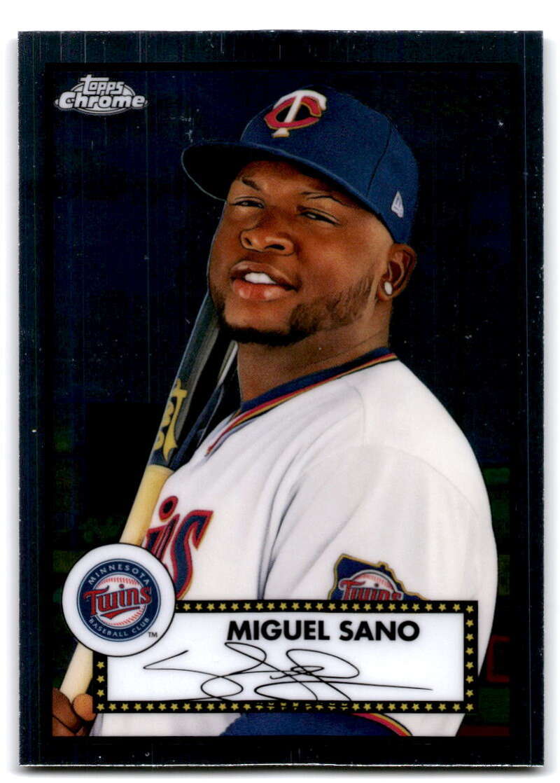 Miguel Sano smiling in Minnesota Twins uniform with bat on Topps Chrome Platinum card