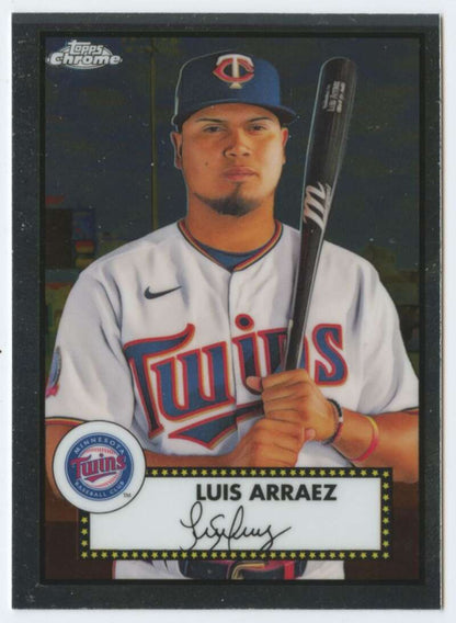 Luis Arraez in a Minnesota Twins white uniform on 2021 Topps Chrome Platinum Anniversary card