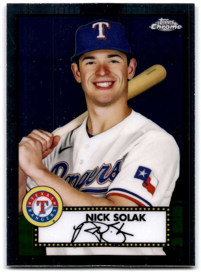 Baseball card of Nick Solak in Texas Rangers uniform from Topps Chrome Platinum