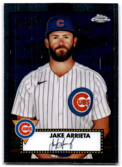 Chicago Cubs baseball card featuring Jake Arrieta in white pinstriped uniform, Platinum Anniversary