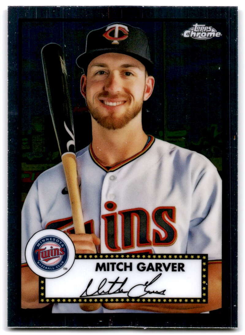 Mitch Garver in white jersey with bat on 2021 Topps Chrome Platinum Anniversary card