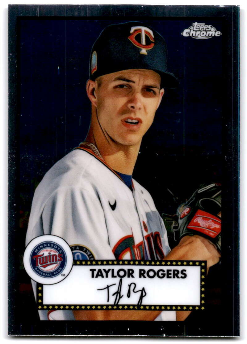 Baseball card of Taylor Rogers in white uniform from 2021 Topps Chrome Platinum Anniversary