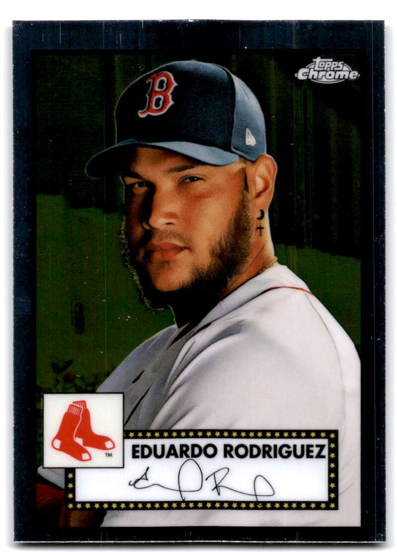 Baseball card of Eduardo Rodriguez in a Red Sox cap from Topps Chrome Platinum