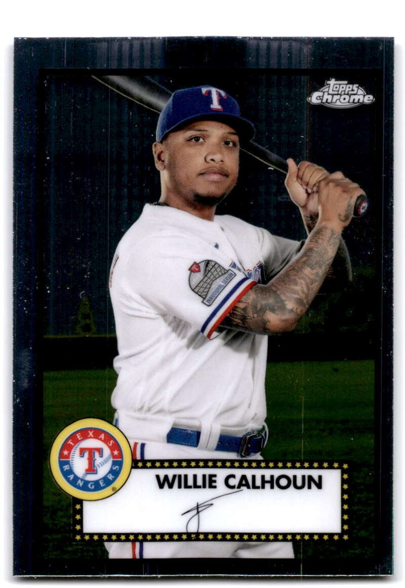 Baseball card of Willie Calhoun in Texas Rangers uniform from Topps Chrome Platinum