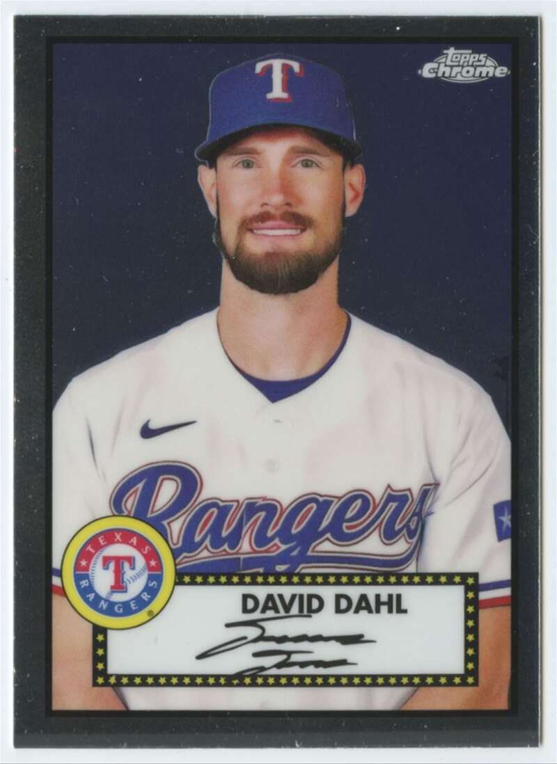 David Dahl Texas Rangers baseball card in white uniform and blue cap from 2021 Topps Chrome