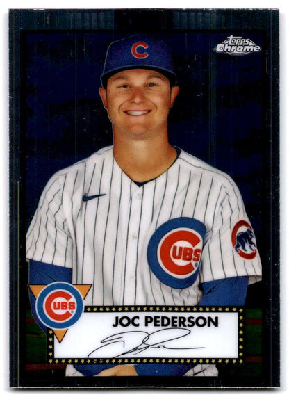 Joc Pederson Chicago Cubs baseball card from 2021 Topps Chrome Platinum Anniversary series