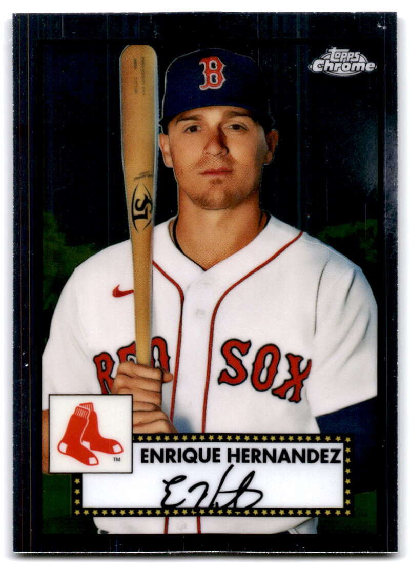 Enrique Hernandez holding a bat on 2021 Topps Chrome Platinum Base Card Red Sox