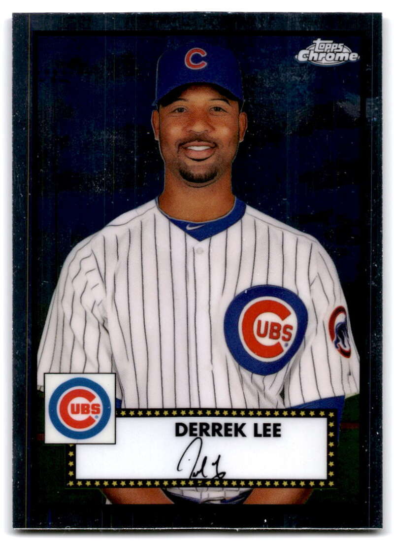 Chicago Cubs Derrek Lee in white pinstriped uniform on Platinum Anniversary baseball card