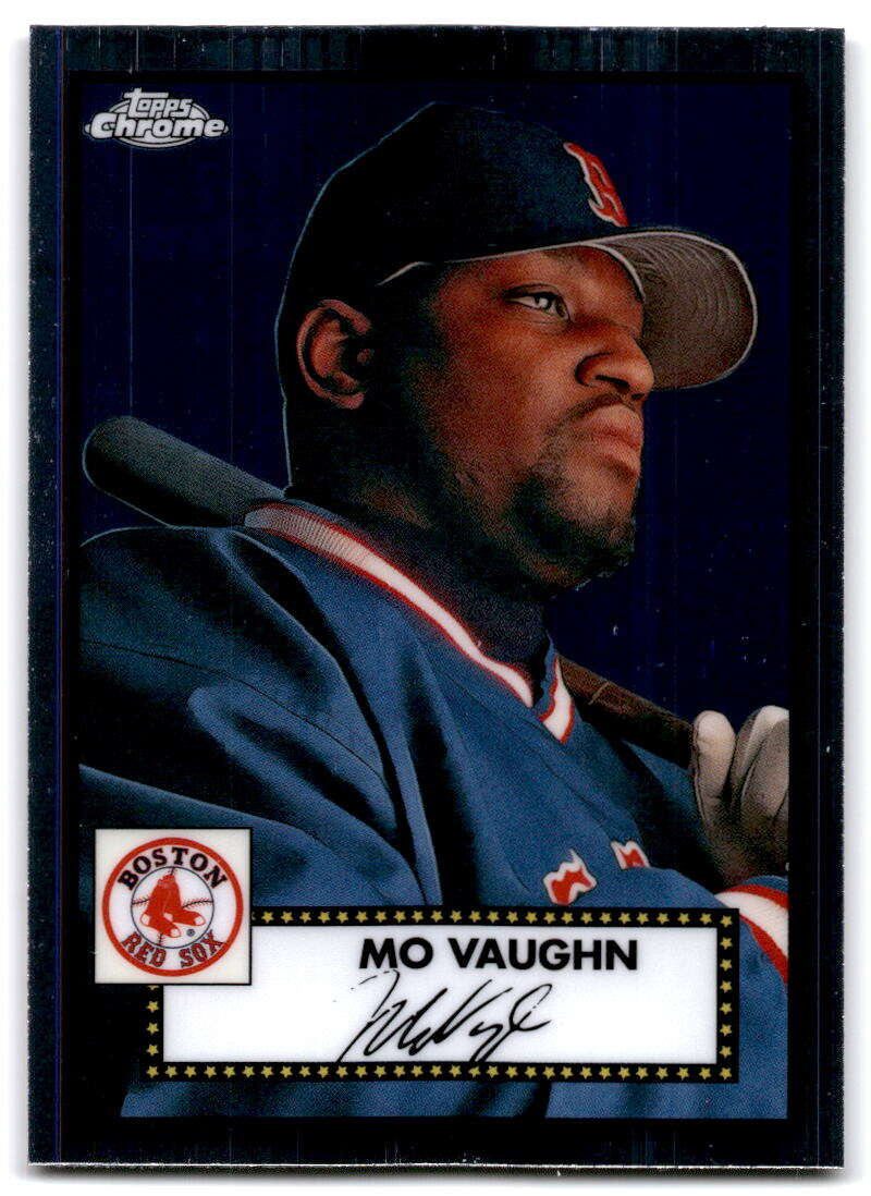 Baseball trading card of Mo Vaughn in Red Sox navy uniform from Topps Chrome Platinum Anniversary