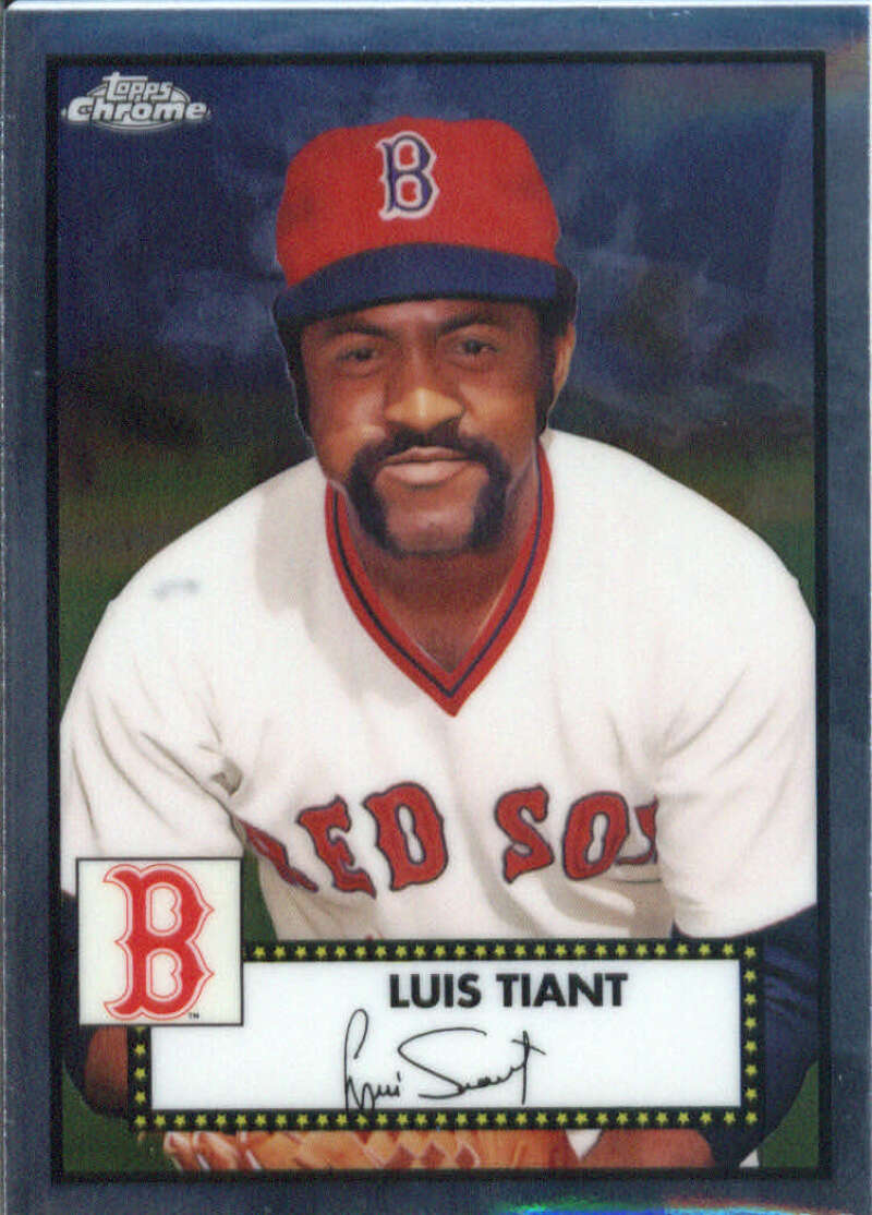 Boston Red Sox baseball card of Luis Tiant in white home jersey and red cap