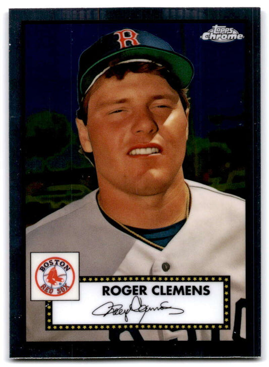 Boston Red Sox Baseball Card of Roger Clemens in white jersey and dark cap