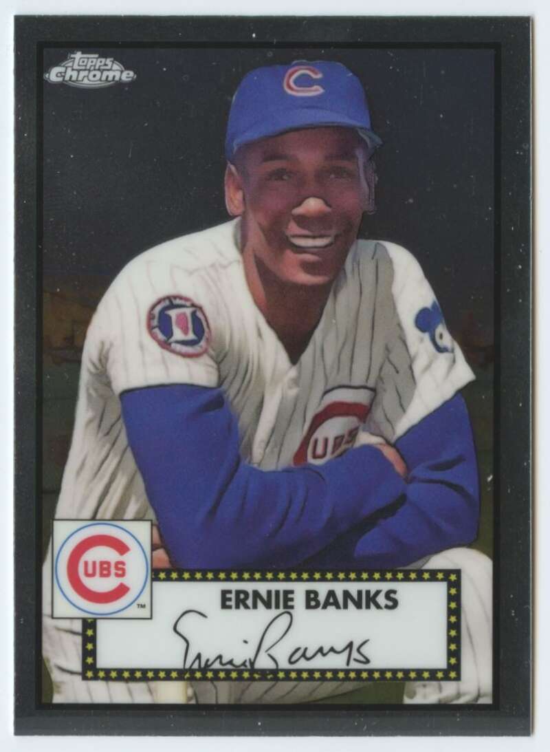 Vintage Ernie Banks Chicago Cubs Platinum Anniversary baseball card in white uniform