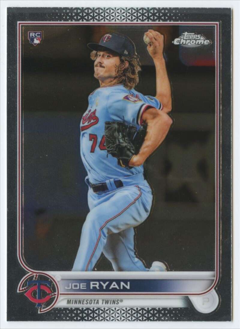 Baseball card of Joe Ryan in light blue uniform for Minnesota Twins Topps Chrome