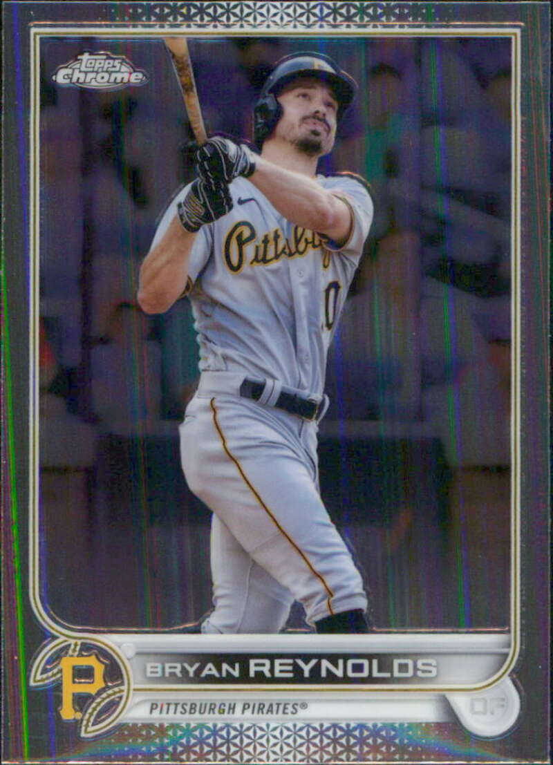 2022 Topps Chrome Baseball Card of Bryan Reynolds swinging for the Pittsburgh Pirates