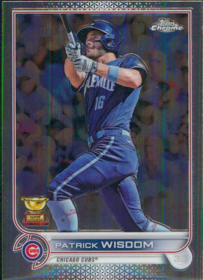 Chrome-finish baseball card of Patrick Wisdom in Chicago Cubs uniform at bat