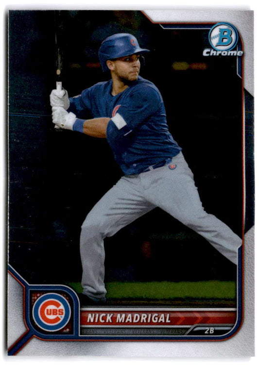 Baseball card of Nick Madrigal in blue gray Chicago Cubs uniform, Bowman Chrome edition