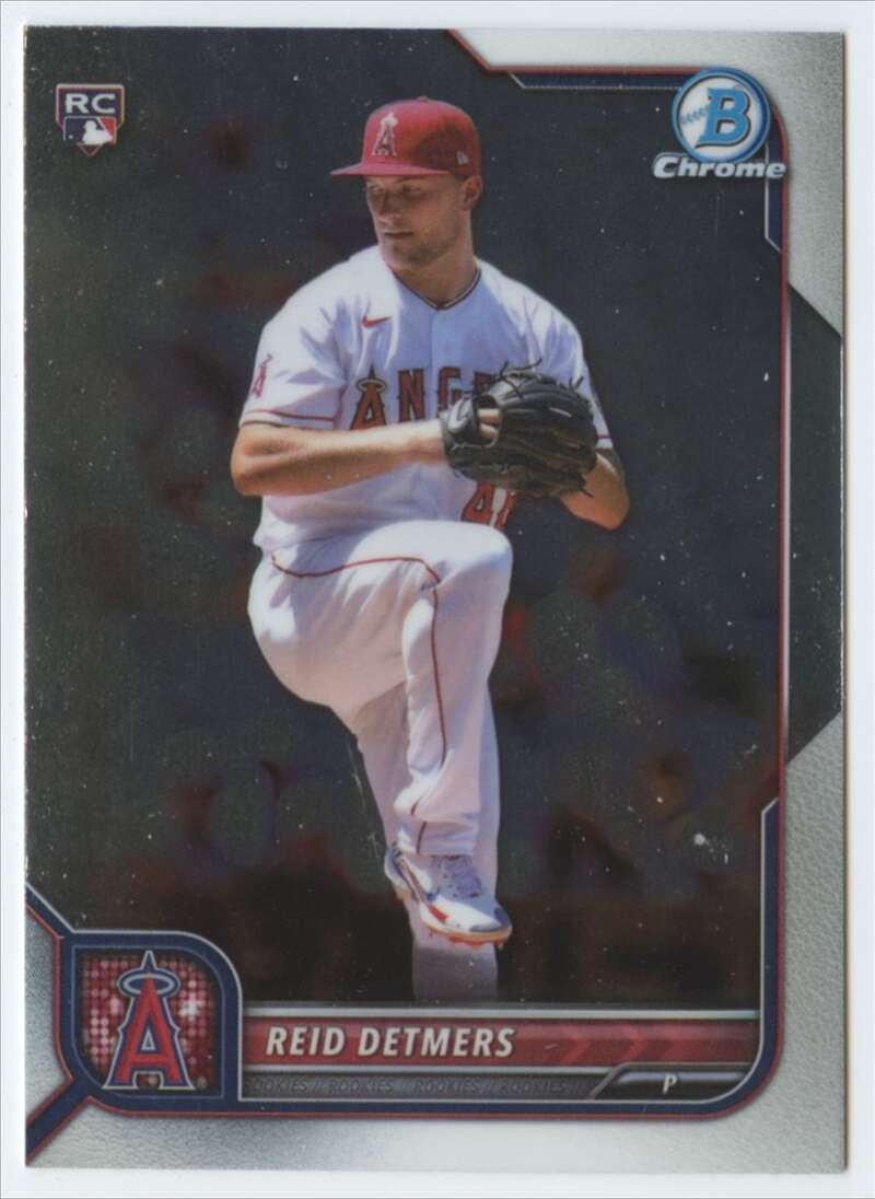 Reid Detmers pitching card showing Los Angeles Angels player in white uniform and red cap