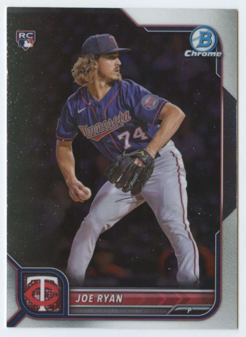 Joe Ryan Minnesota Twins baseball card in navy blue uniform, 2022 Bowman Chrome