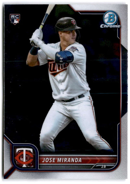 Jose Miranda batting in white home uniform on 2022 Bowman Chrome Minnesota Twins rookie card