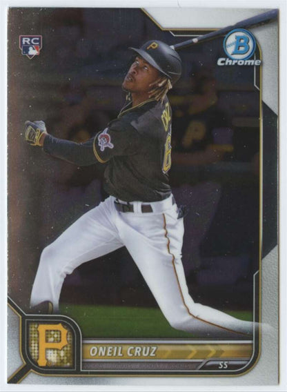 Oneil Cruz batting in dark jersey and white pants on Pittsburgh Pirates baseball card