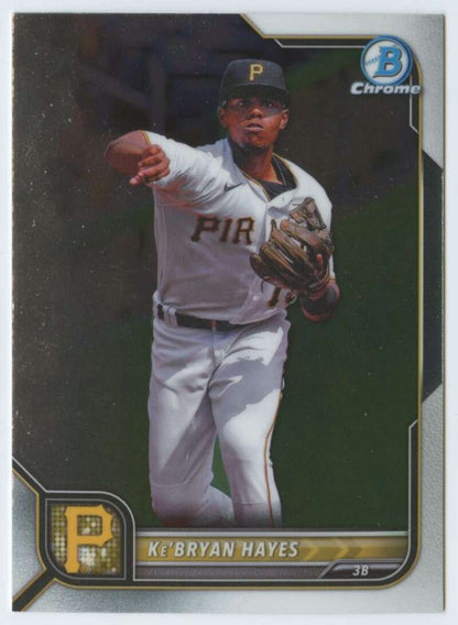 Baseball card of Ke’Bryan Hayes in white uniform for Pittsburgh Pirates