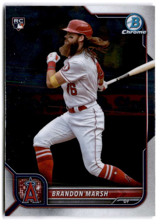 Brandon Marsh swinging in white uniform on Los Angeles Angels baseball card