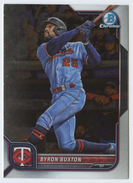 Byron Buxton swinging bat on 2022 Bowman Chrome Minnesota Twins baseball card