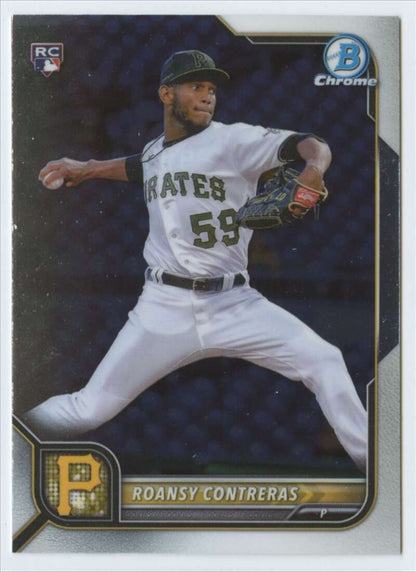 Baseball card of Roansy Contreras, Pittsburgh Pirates pitcher in mid-throw