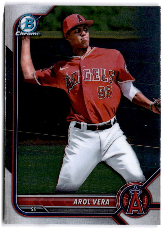 Arol Vera in red jersey flipping celebrates Los Angeles Angels on Bowman Chrome Prospects card