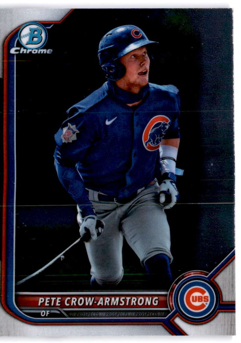 Baseball card of Pete Crow-Armstrong in Chicago Cubs blue uniform and batting helmet