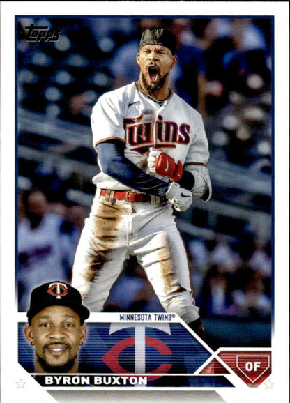 Byron Buxton displaying emotion in a Minnesota Twins baseball card from 2023 Topps series