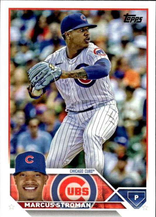 Marcus Stroman Chicago Cubs Baseball Card featuring a pitcher in a white pinstriped uniform