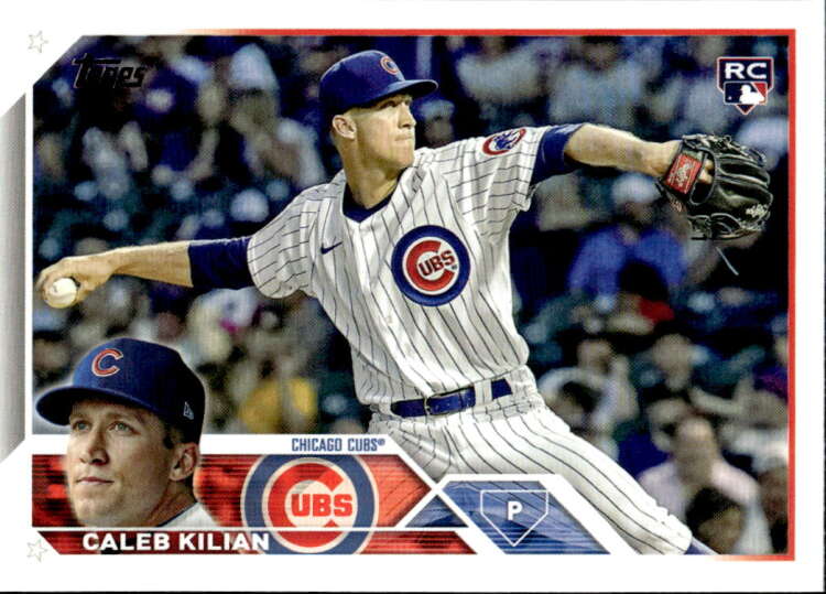 Caleb Kilian in Chicago Cubs uniform throwing a pitch on baseball card 2023 Topps #69