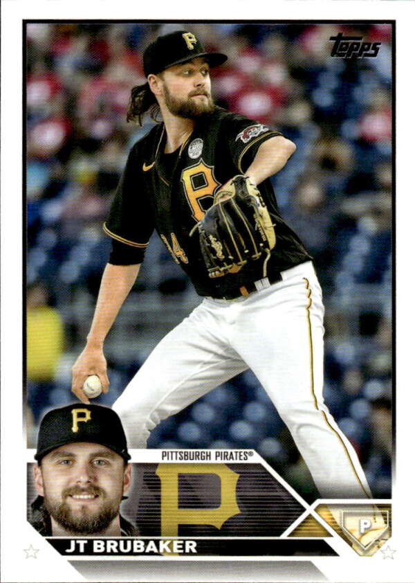 Pittsburgh Pirates baseball card of JT Brubaker mid-throw in black jersey