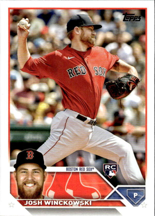 Josh Winckowski pitching in red jersey on 2023 Topps Boston Red Sox Baseball Card