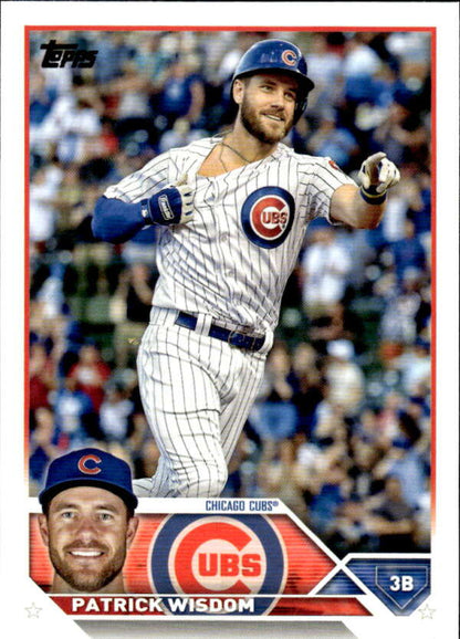 Chicago Cubs baseball card of Patrick Wisdom in a white pinstriped uniform